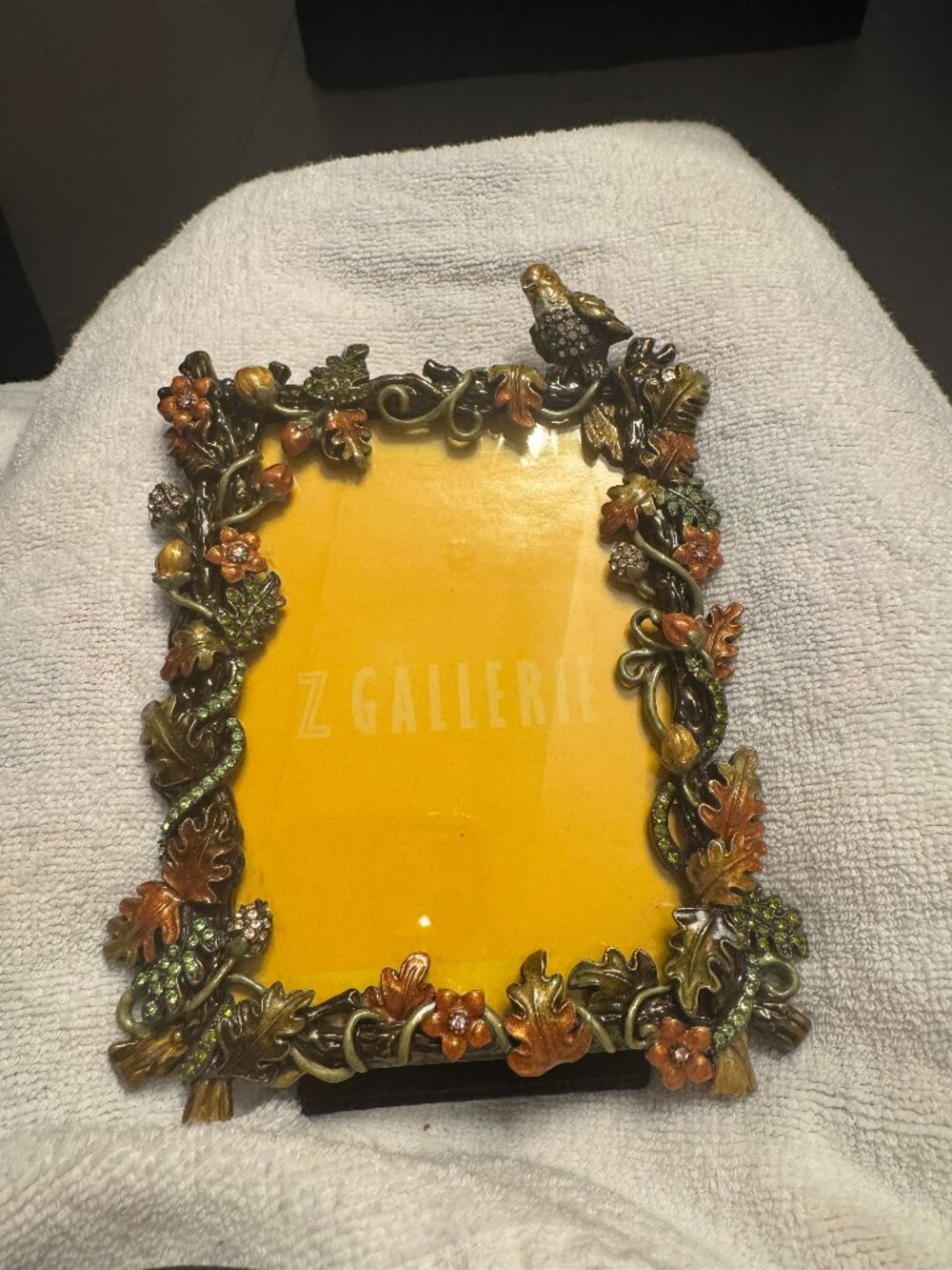 Vintage Z Gallerie Enameled Frame, Rhinestone with Birds/Acorns/Leaves
